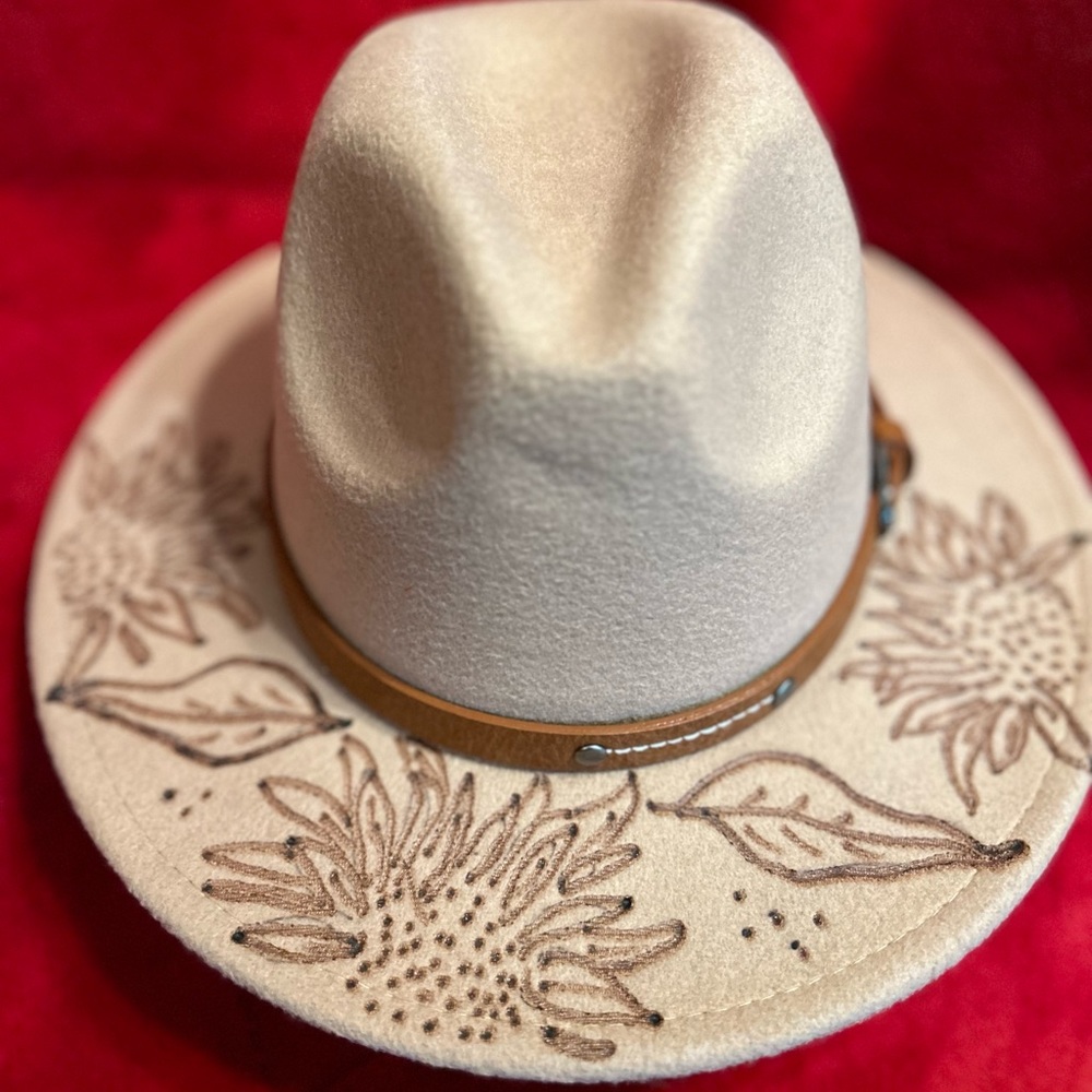 Fadora Felt brim hat one of a kind with hand made floral designs